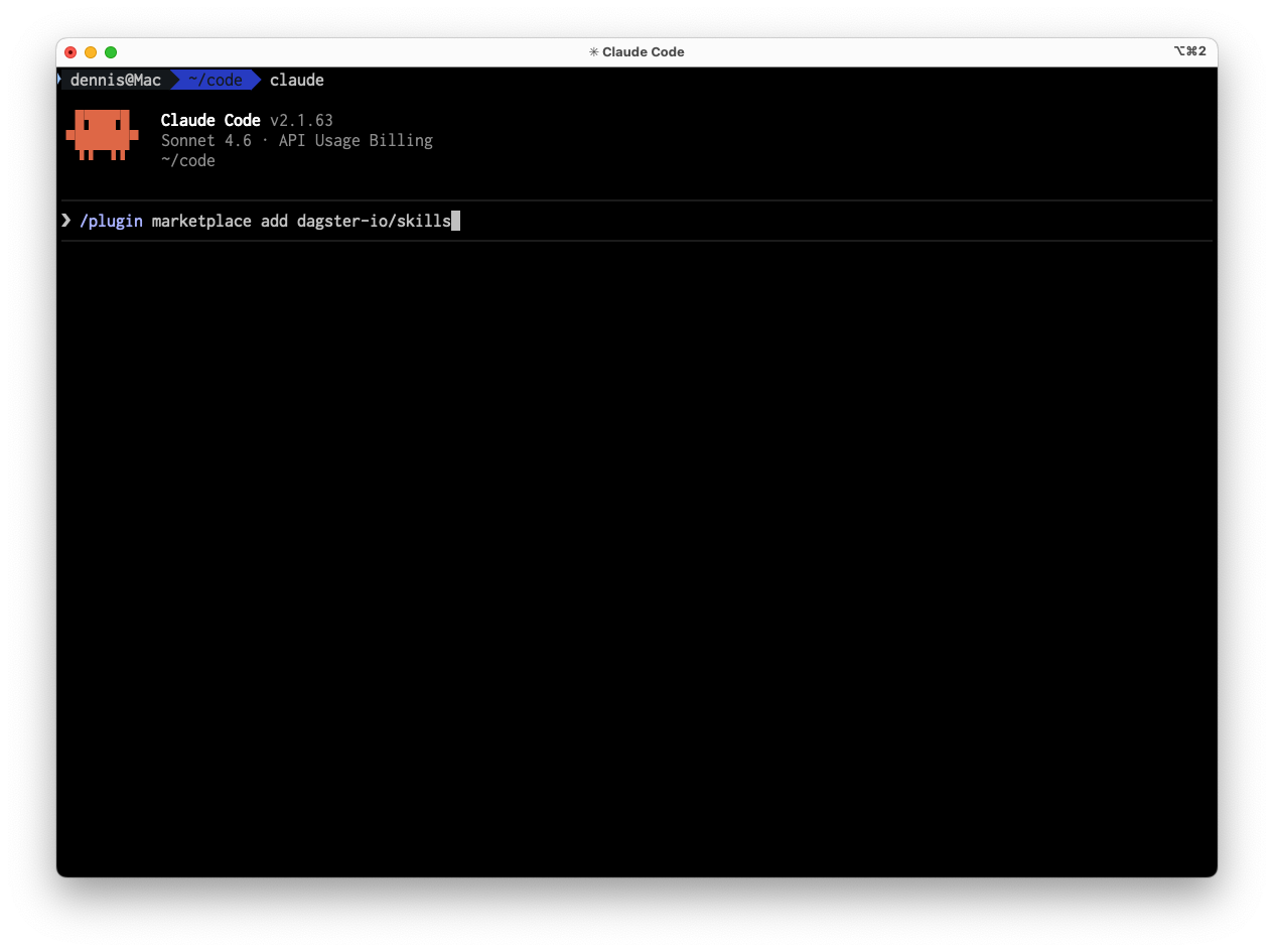 Claude Code plugin marketplace showing the Dagster skills being added